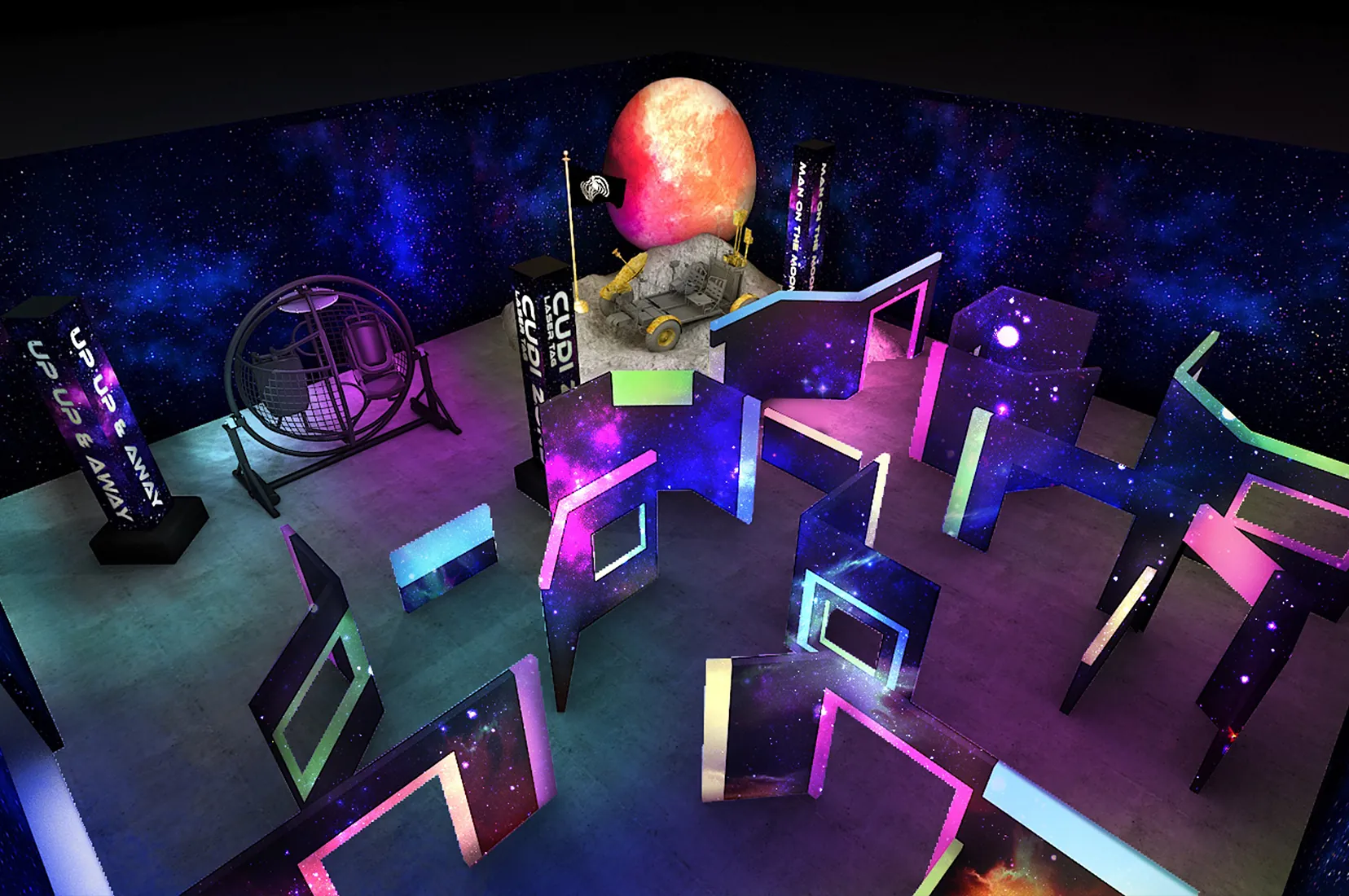 Branded activation build in a blacked-out room — neon-edged display panels, a suspended illuminated globe and lounge seating