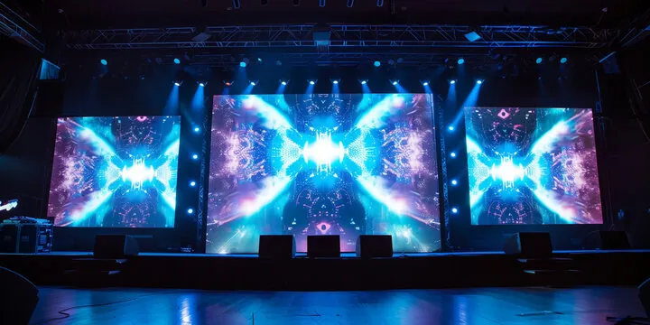 Three LED screens running synchronised content across the front of a ballroom, stage lit in blue